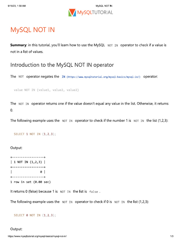 MySQL NOT IN | PDF