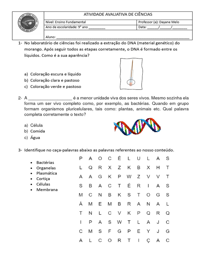 Atividade Avaliativa de Ciências: Células e DNA | PDF | Bem-estar ...