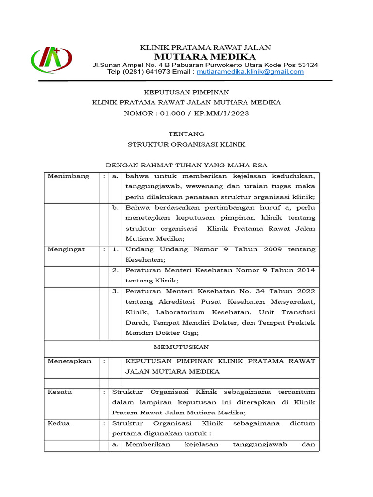 Struktur Organisasi Klinik Mutiara Medika | PDF | Sains & Matematika