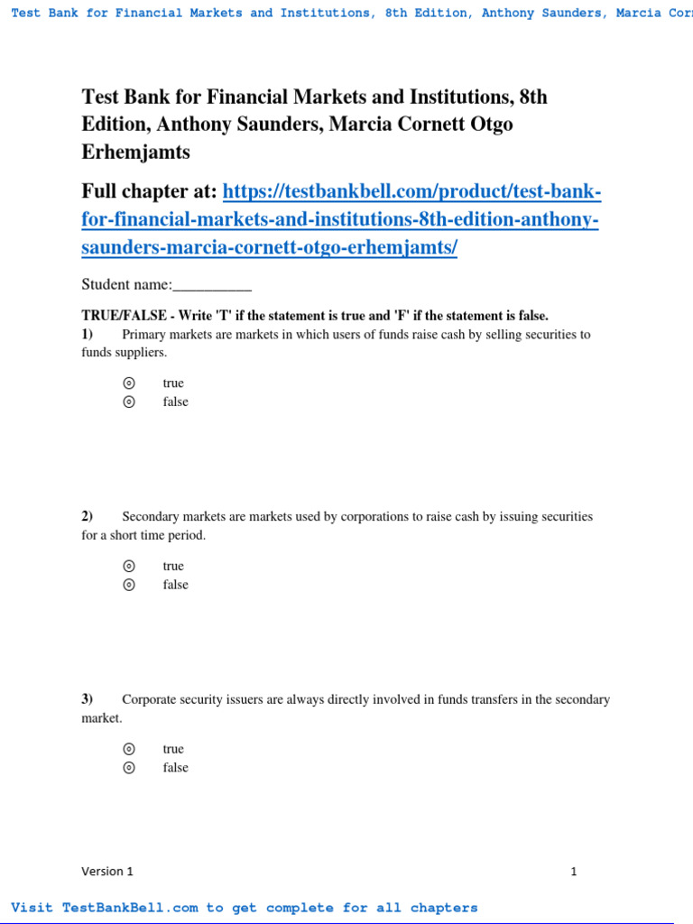 Test Bank For Financial Markets and Institutions 8th Edition Anthony Saunders Marcia