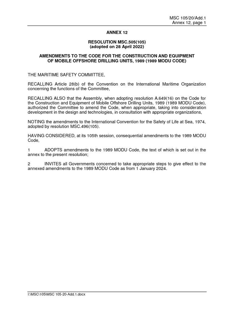 Amendments to 1989 MODU Code | PDF