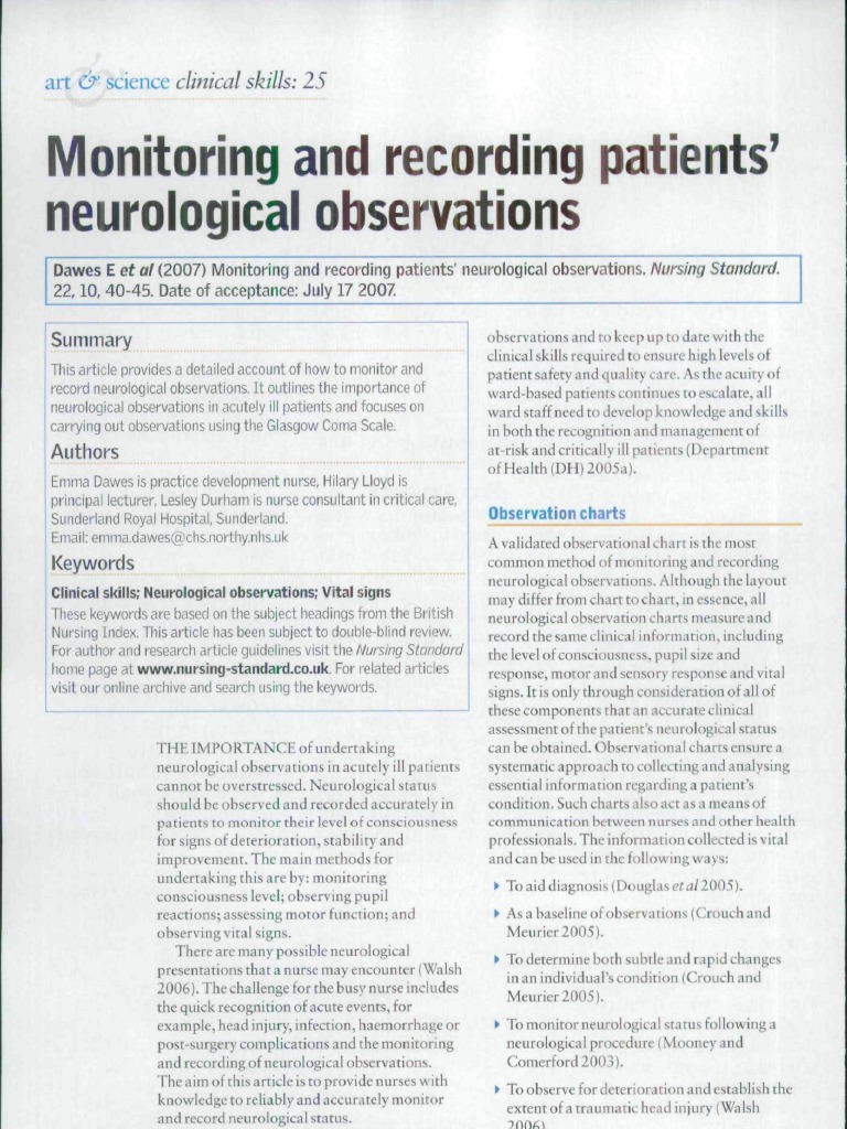 monitoring and recording patients neurological observations Coma