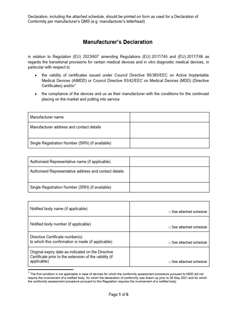 Manufacturer's Declaration for MDR Compliance | PDF | European Union ...