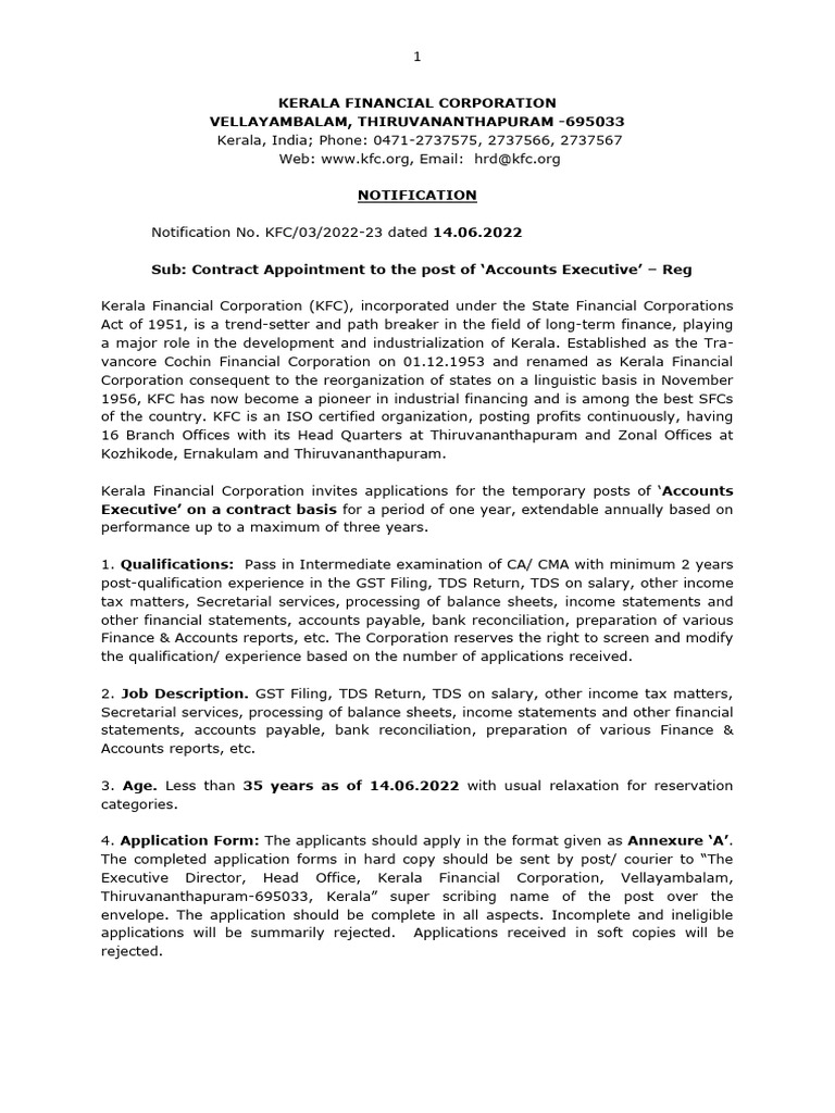 KFC Accounts Executive Contract Notification | PDF | Kerala | Balance Sheet