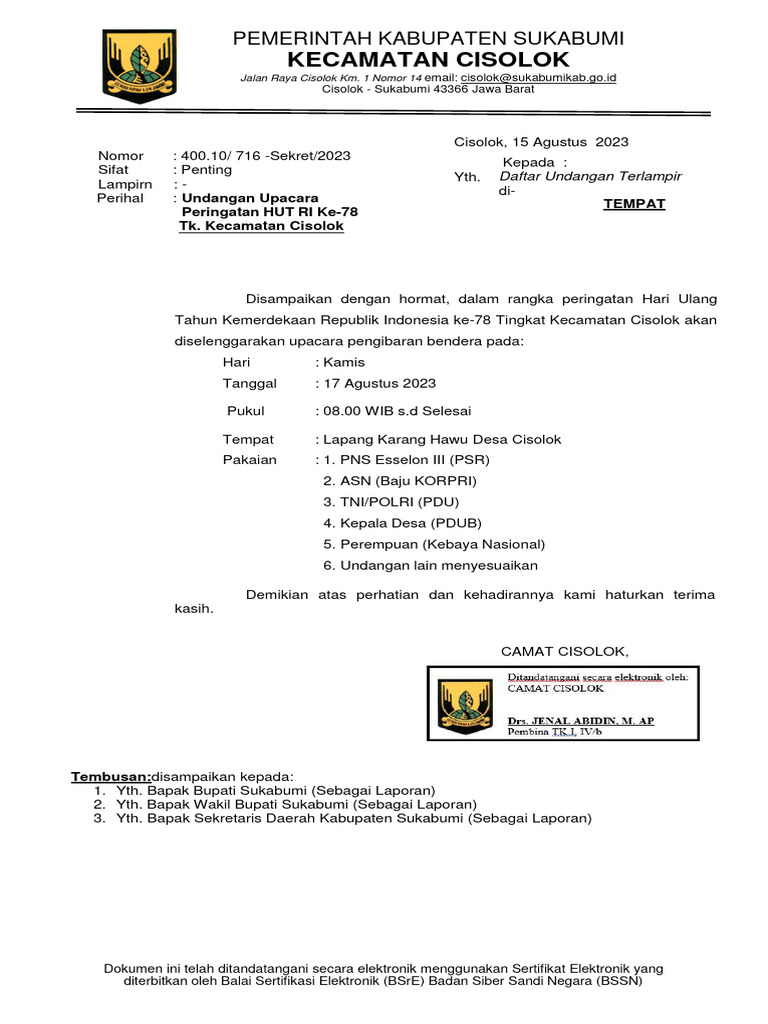 Undangan Upacara Hut Ri Ke 78 | PDF