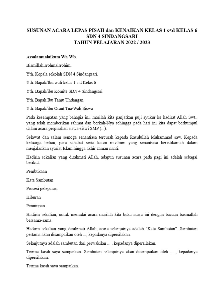 Susunan acara lepas pisah dan kenaikan kelas 1 s pdf