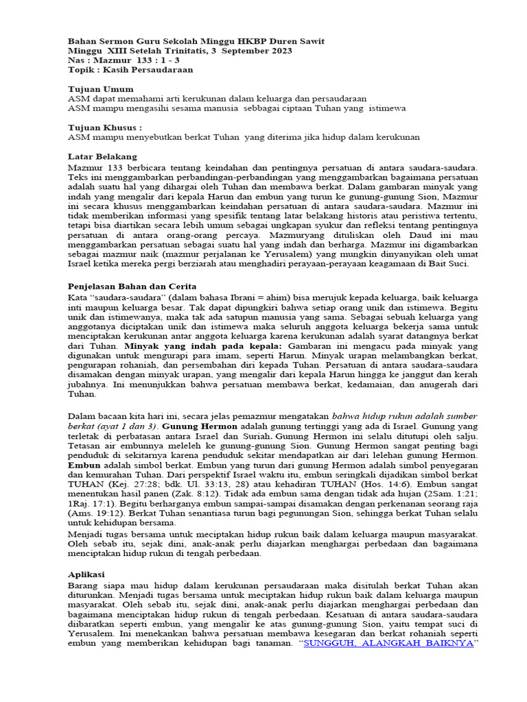 Bahan Sermon Guru Sekolah Minggu HKBP Duren Sawit, 3 Septemer 2023 | PDF