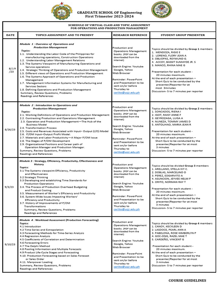 Pom Schedule of Virtual Class and Topic Assignment | PDF | Operations ...