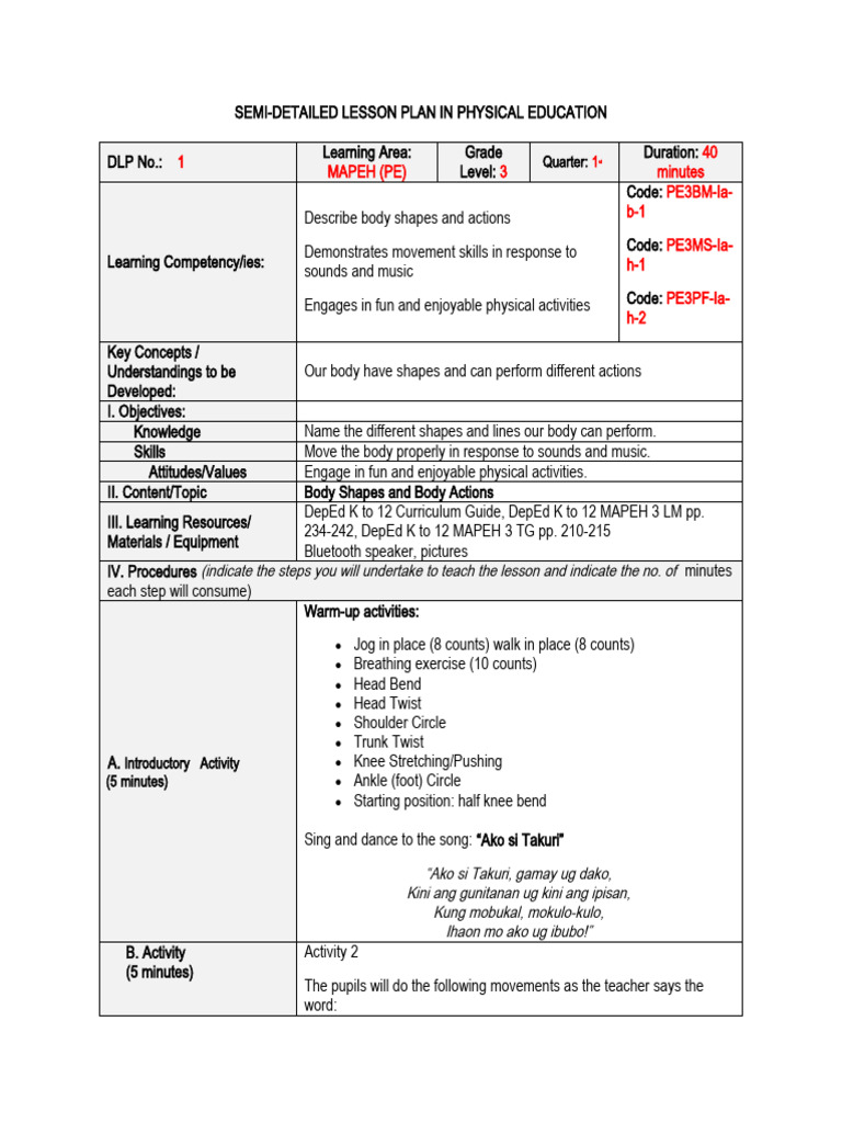 Body Shapes and Actions Lesson Plan | PDF | Symmetry | Learning