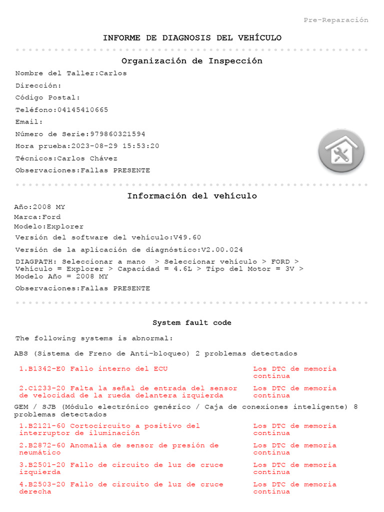 Diagnóstico de Fallas Ford Explorer 2008 | PDF