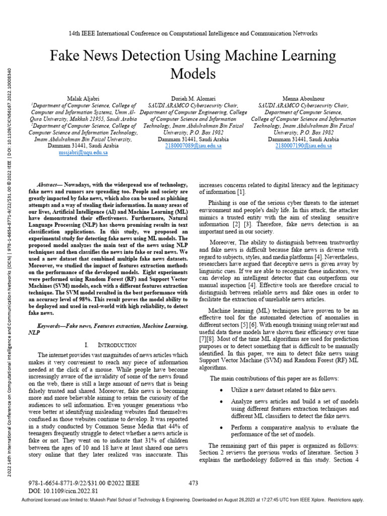 Fake News Detection Using Machine Learning Models | PDF | Support ...