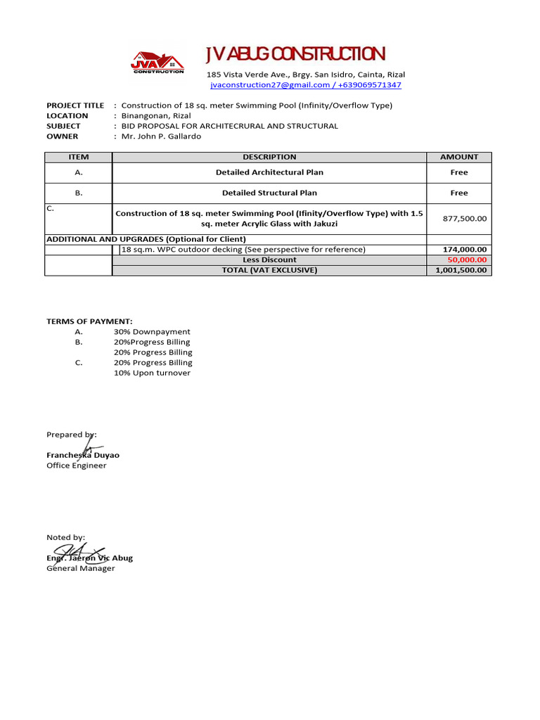 BID PROPOSAL (Overflow Type) Construction of Swimming Pool PDF