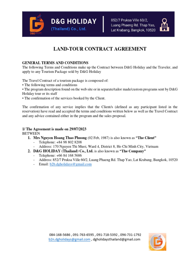 Land-Tour Contract Terms | PDF | Credit Card | Fare