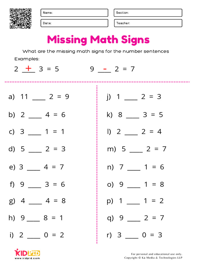 Missing Maths Signs Plus or Minus Mixed Operations | PDF | Copyright ...