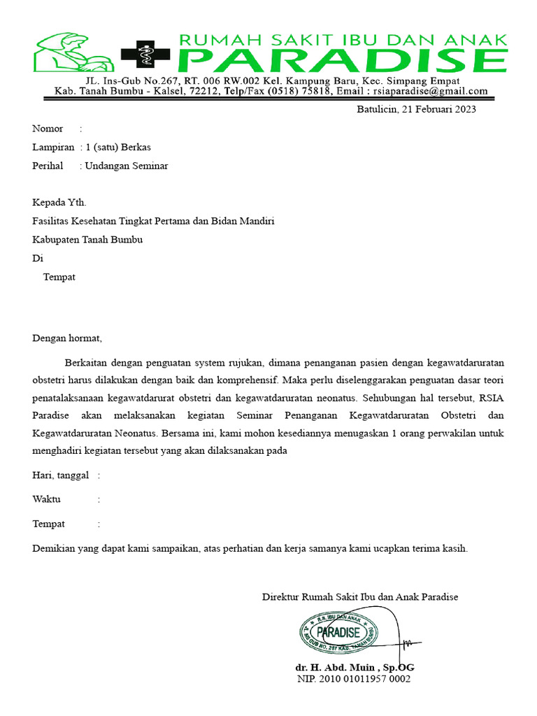 Undangan Seminar BPM Dan Puskesmas RSIA Paradise | PDF