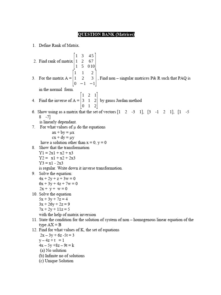 Question Bank (Matrix Dinesh Kapoor) | PDF | Eigenvalues And ...