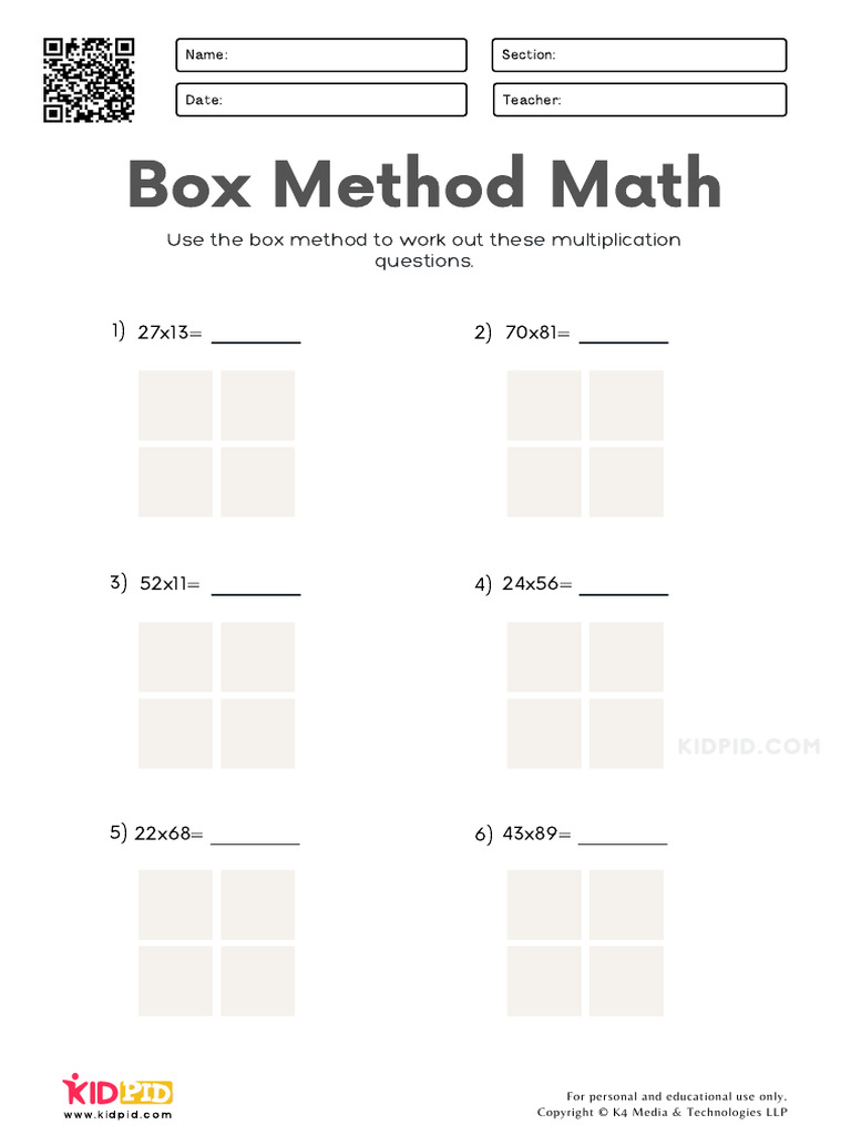 Box Method Multiplication Math Worksheet PDF Mathematics