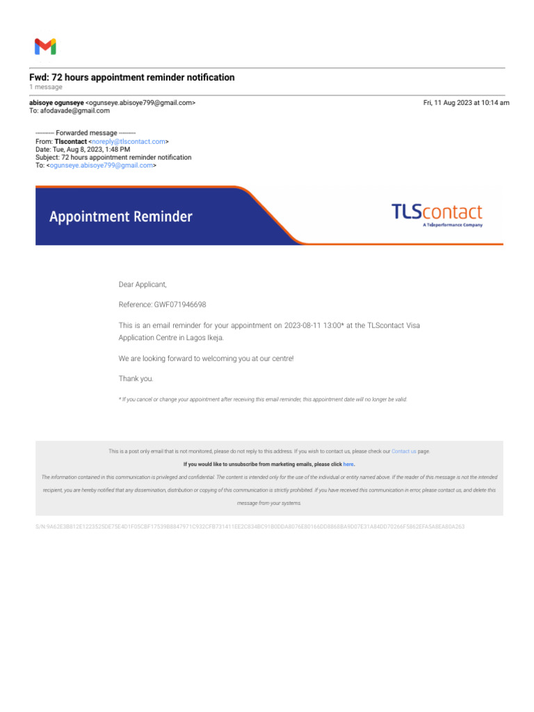Appointment Reminder: TLScontact Lagos | PDF