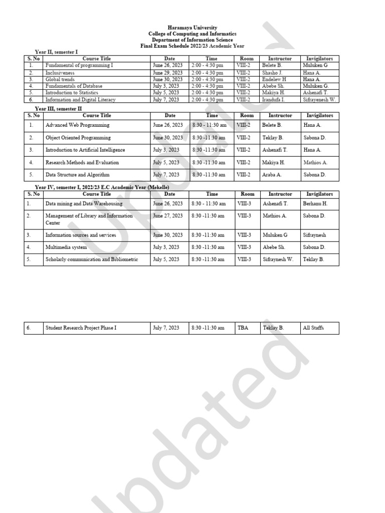 Updated Final Exam Schedule PDF Information Computer Science