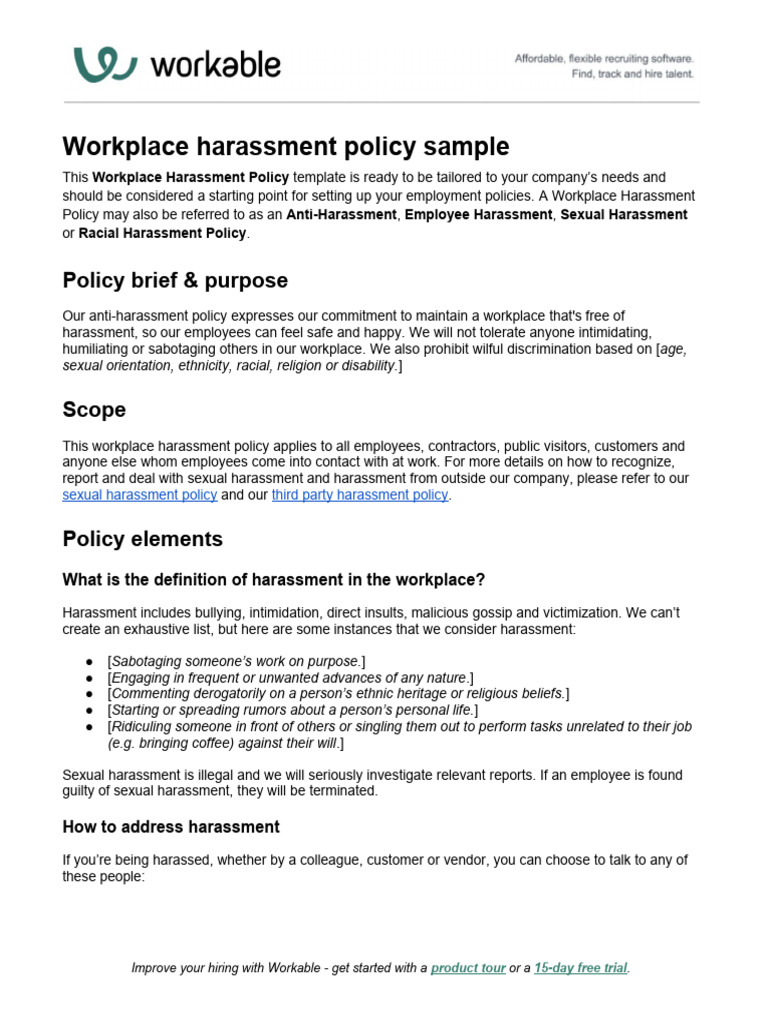 Workplace Harassment Policy Sample PDF Sexual Harassment Harassment