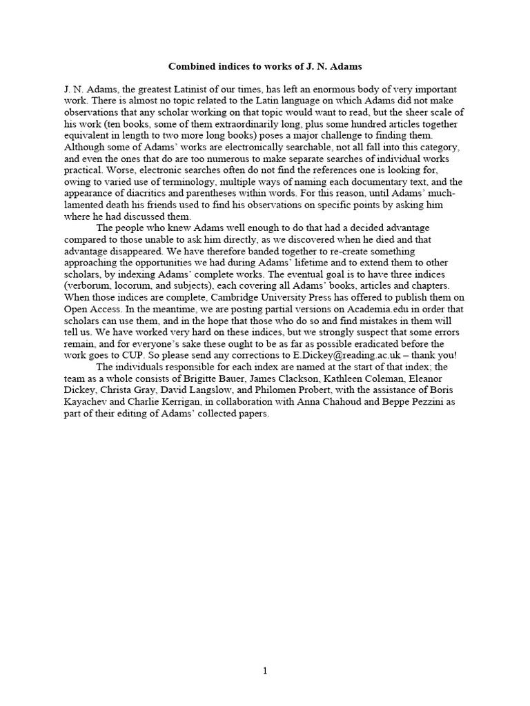 Index Verborum To Books of JN Adams 8 Se PDF Letter Case Latin