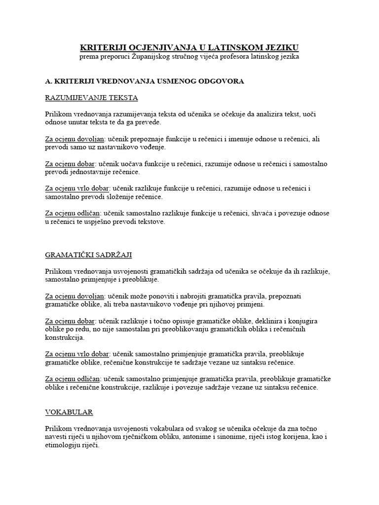 Latinski Kriteriji Ocjenjivanja | PDF