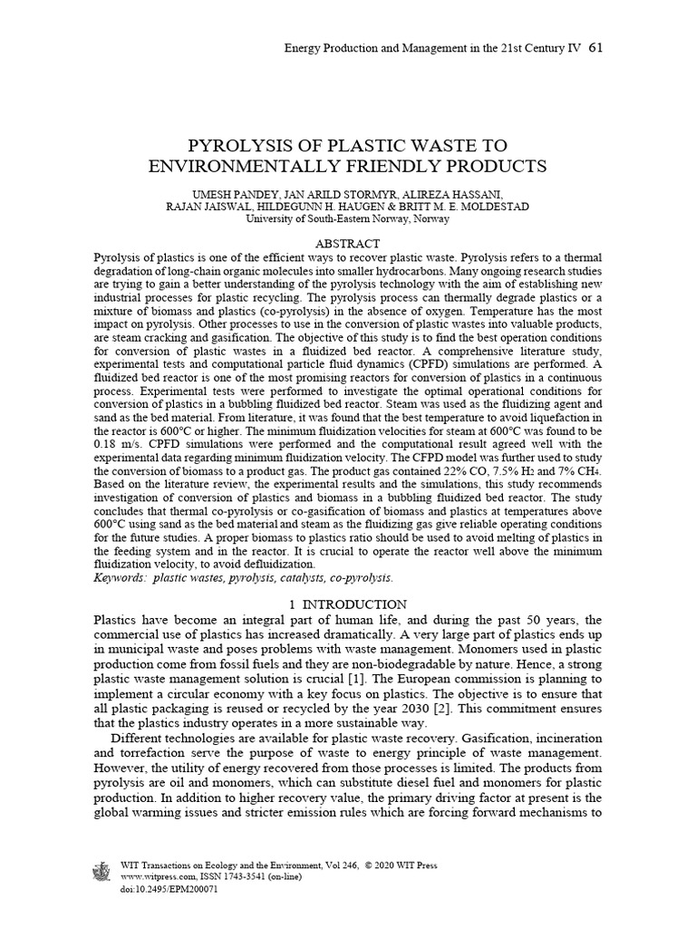 Pyrolysis of Plastic Waste To Environmen | PDF | Pyrolysis | Polymers