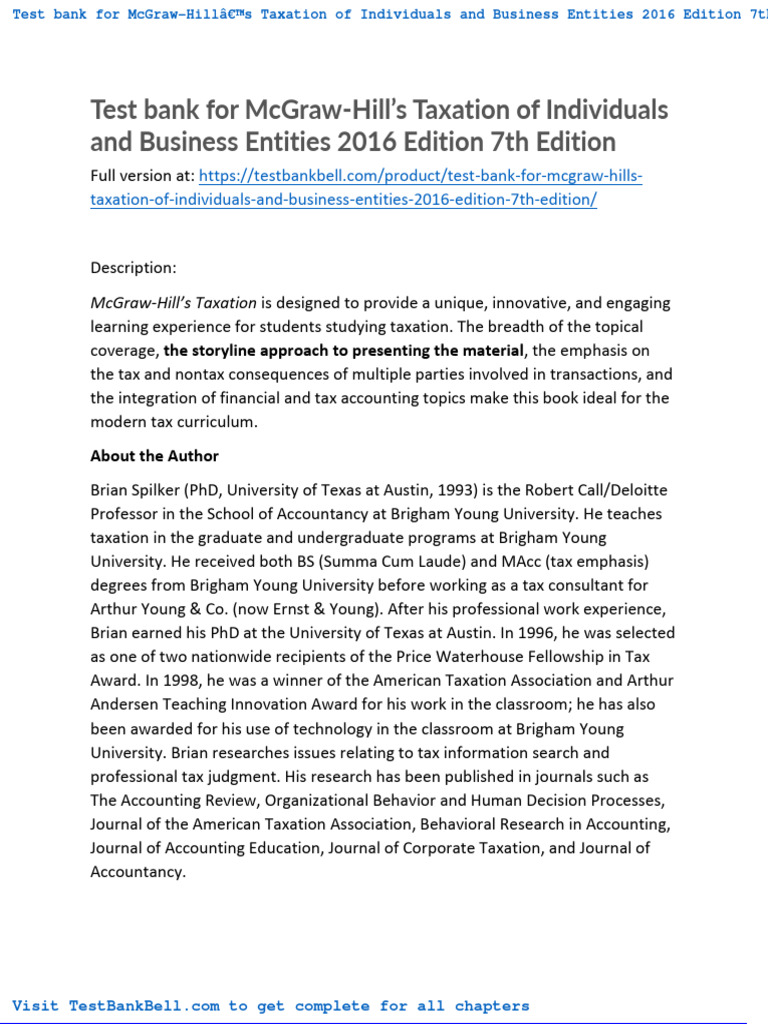 Test Bank For Mcgraw Hills Taxation of Individuals and Business