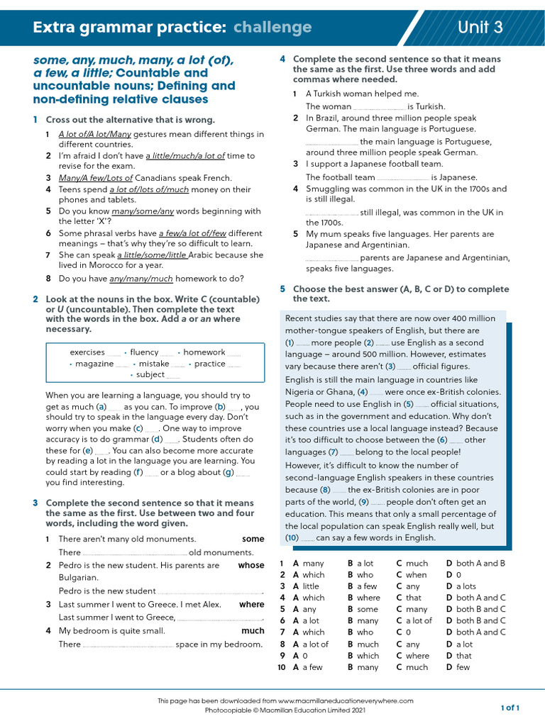 B1 U3 Extra Grammar Practice Challenge | PDF | English Language ...