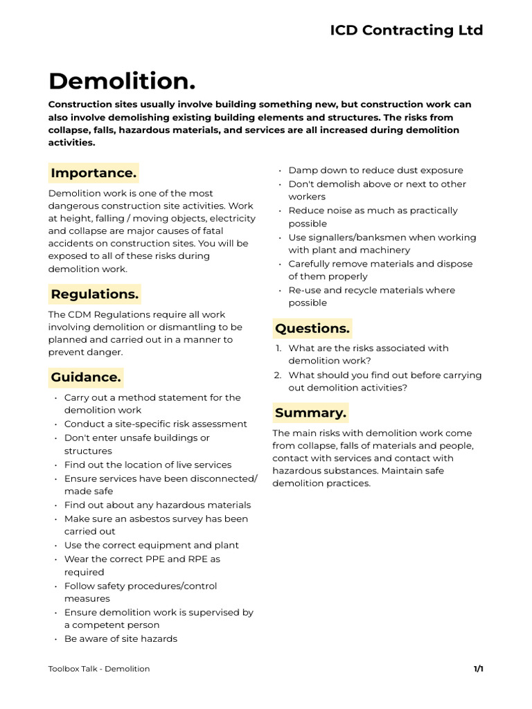 Demolition Safety Procedures and Hazards | PDF