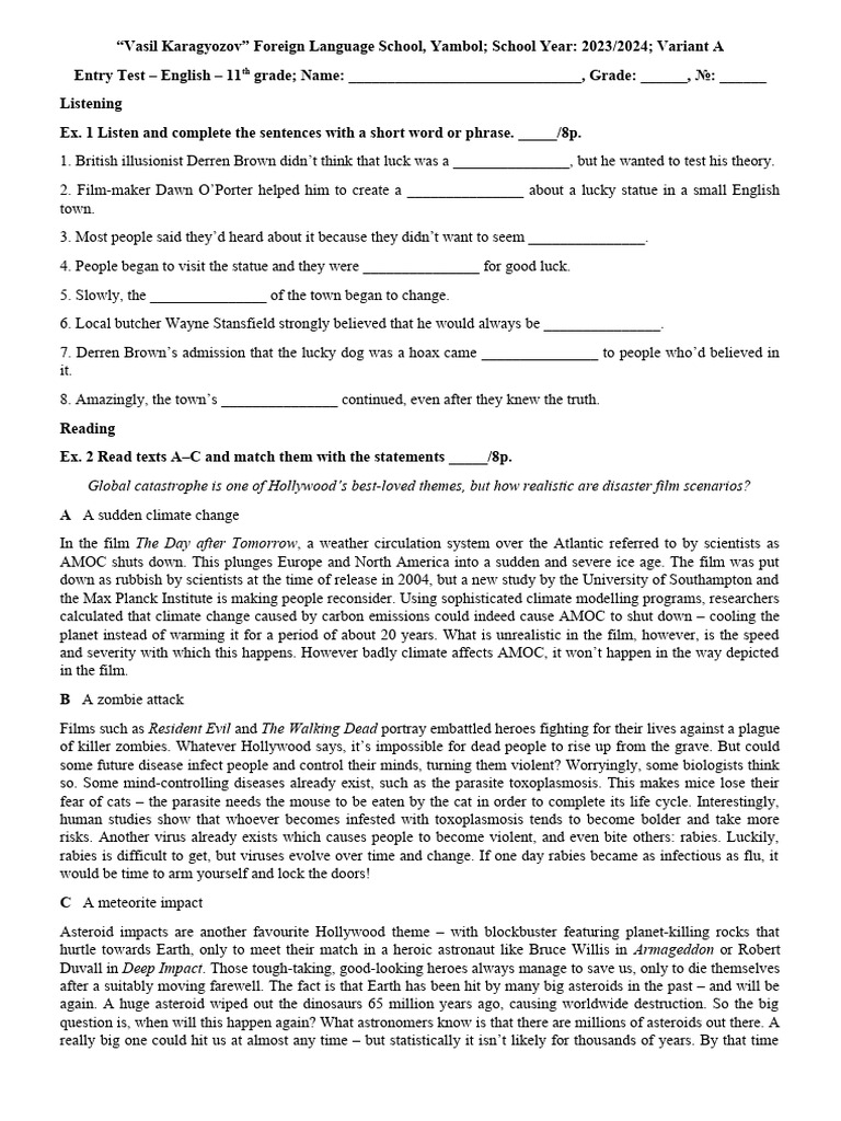 11th Grade English Entry Test 2023 | PDF | Extraterrestrial Life ...