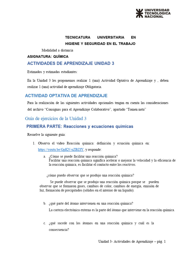 Actividades de Aprendizaje Unidad 3 QUIMICA - Agosto - 2023 | PDF ...