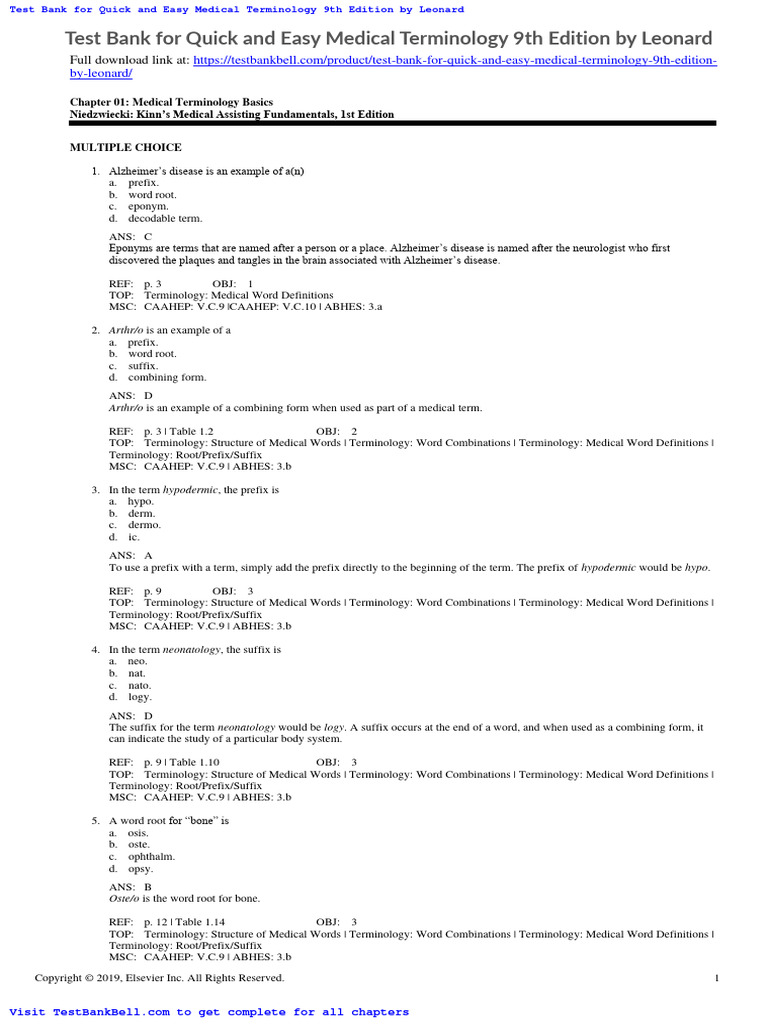 Test Bank For Quick and Easy Medical Terminology 9th Edition by Leonard