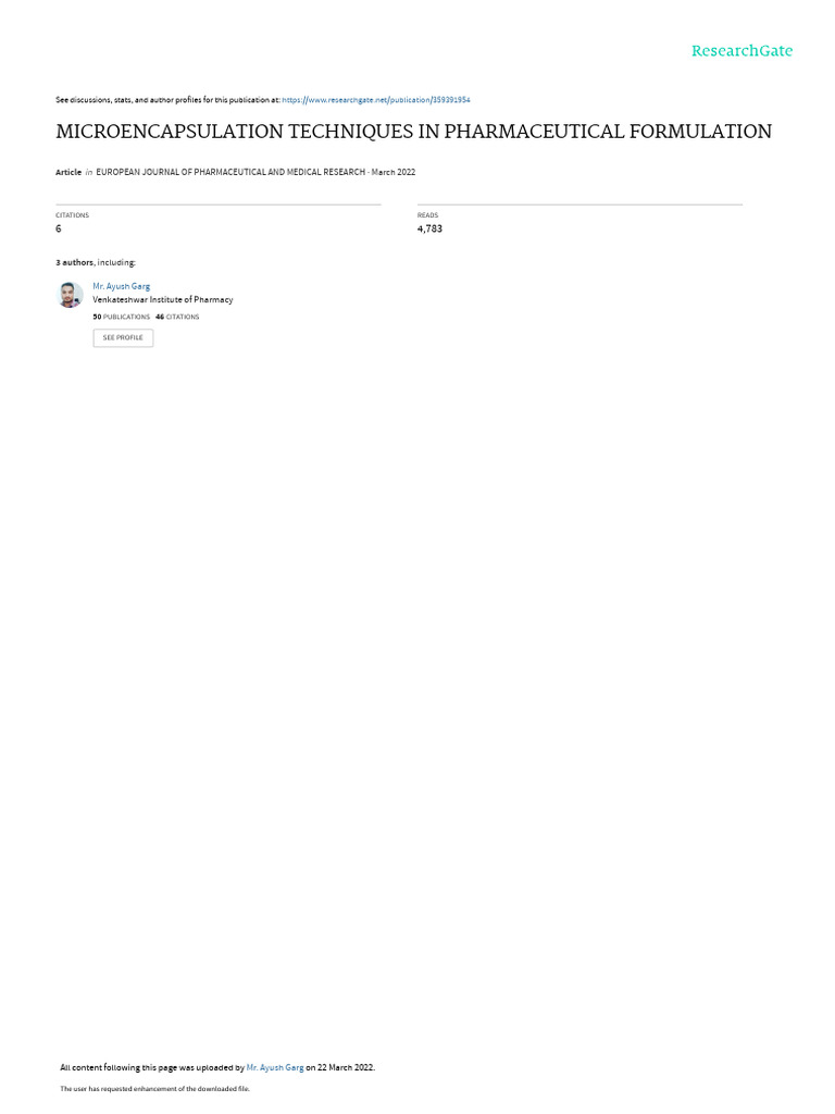 Microencapsulation Techniques in Pharmaceutical Formulation | PDF ...