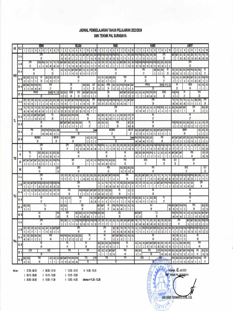 Jadwal Pelajaran RP. 2023-2024 | PDF