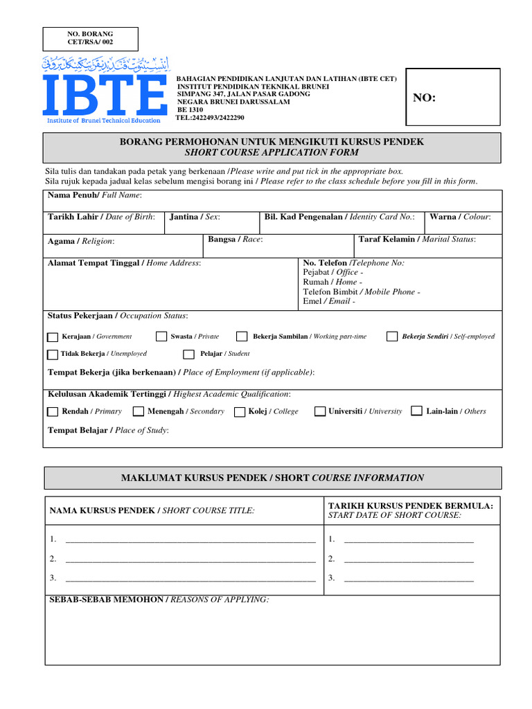 Short Course Registration Form | PDF