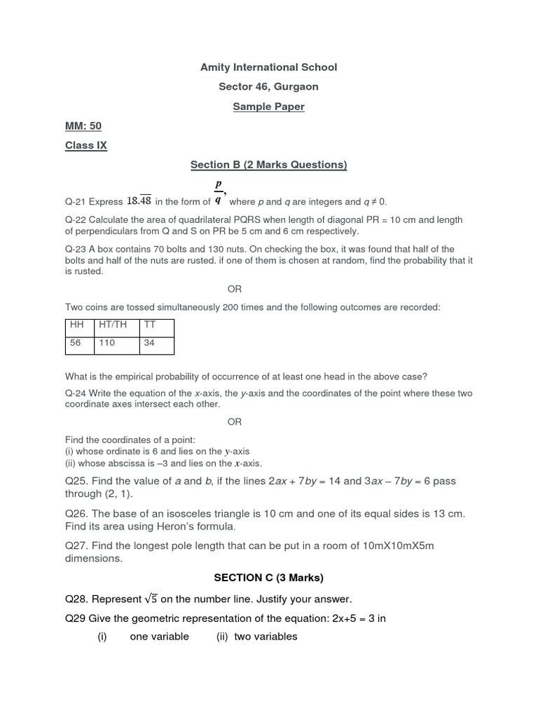 Class 9 Sample Paper 202021 PDF Cartesian Coordinate System Triangle