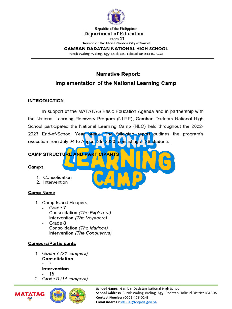 Narrative Report (NLC Implementation) PDF Teachers Learning