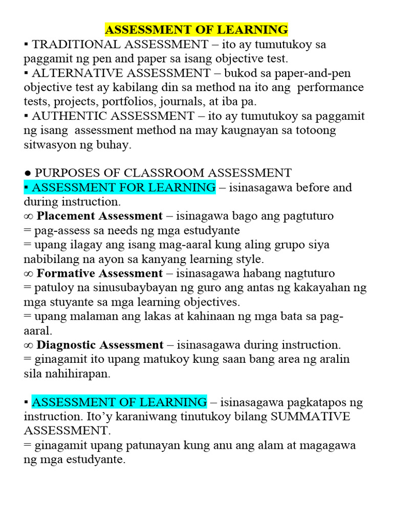 ASSESSMENT OF LEARNING Reviewer Notes For Board Exam | PDF