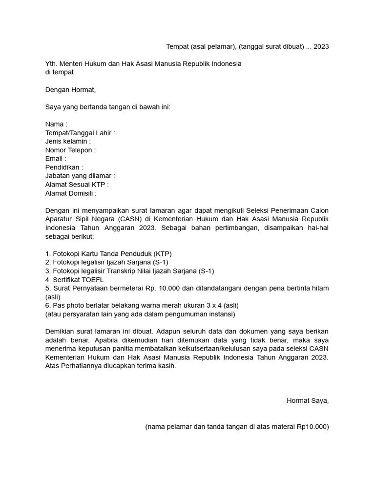 Contoh surat lamaran cpns kemenkumham 2023 pdf