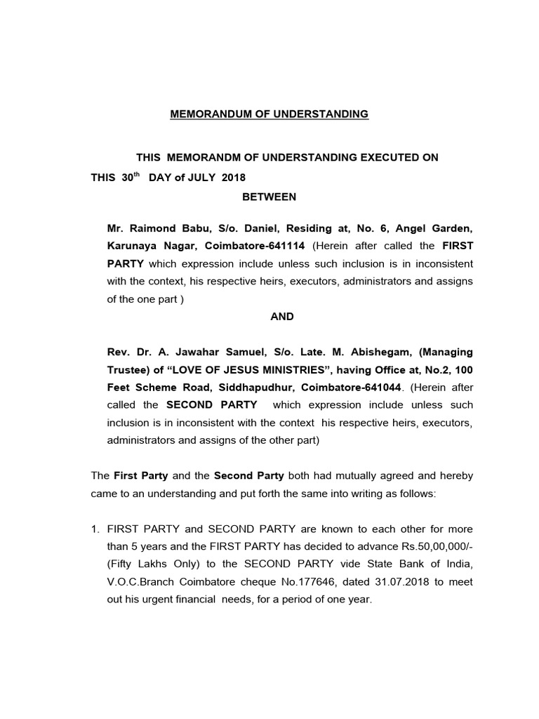 Print out file amended memorandum of understanding raimond babu jawahar