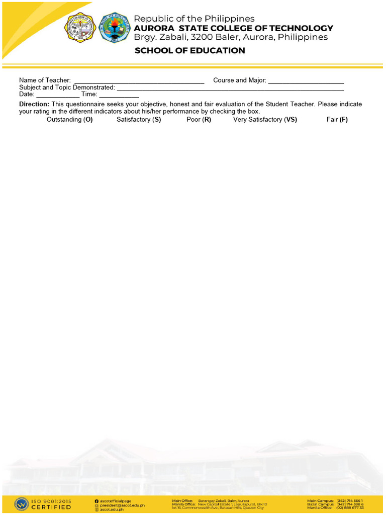 Student Teacher Rating Sheet | PDF | Teachers | Classroom Management