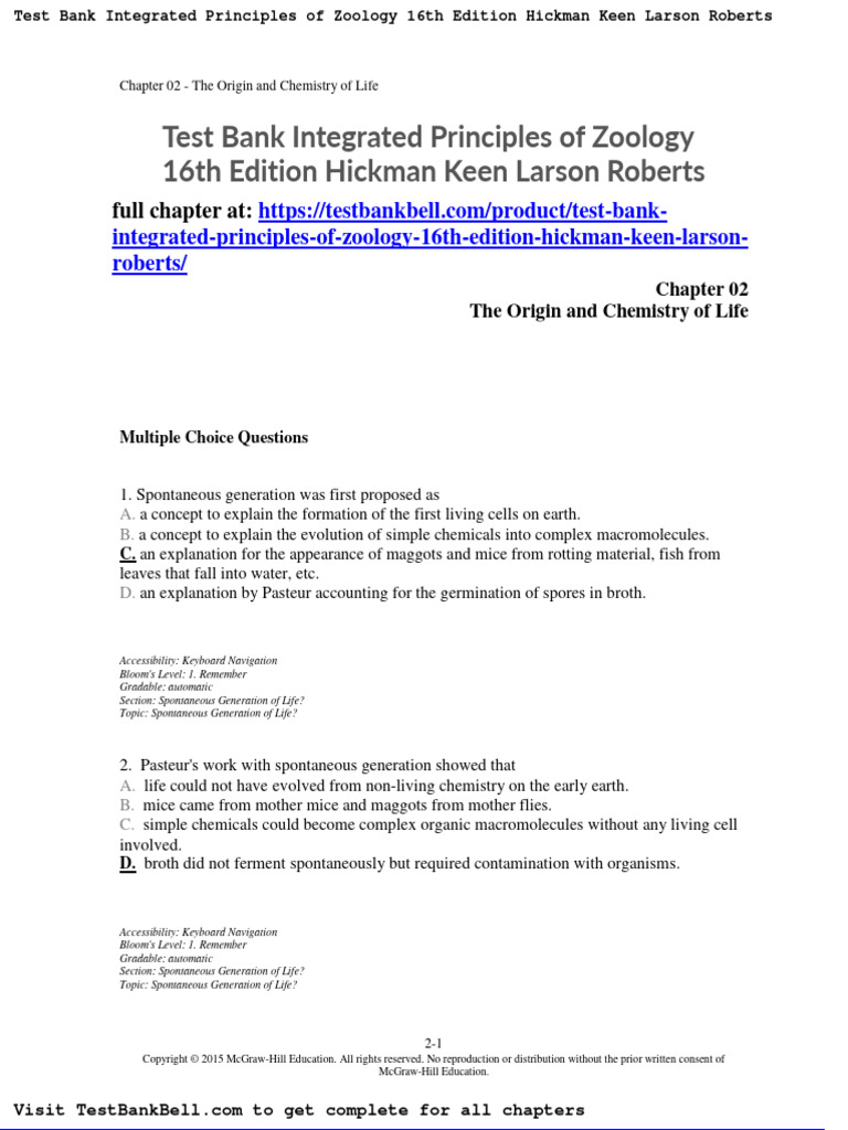 Test Bank Integrated Principles of Zoology 16th Edition Hickman Keen