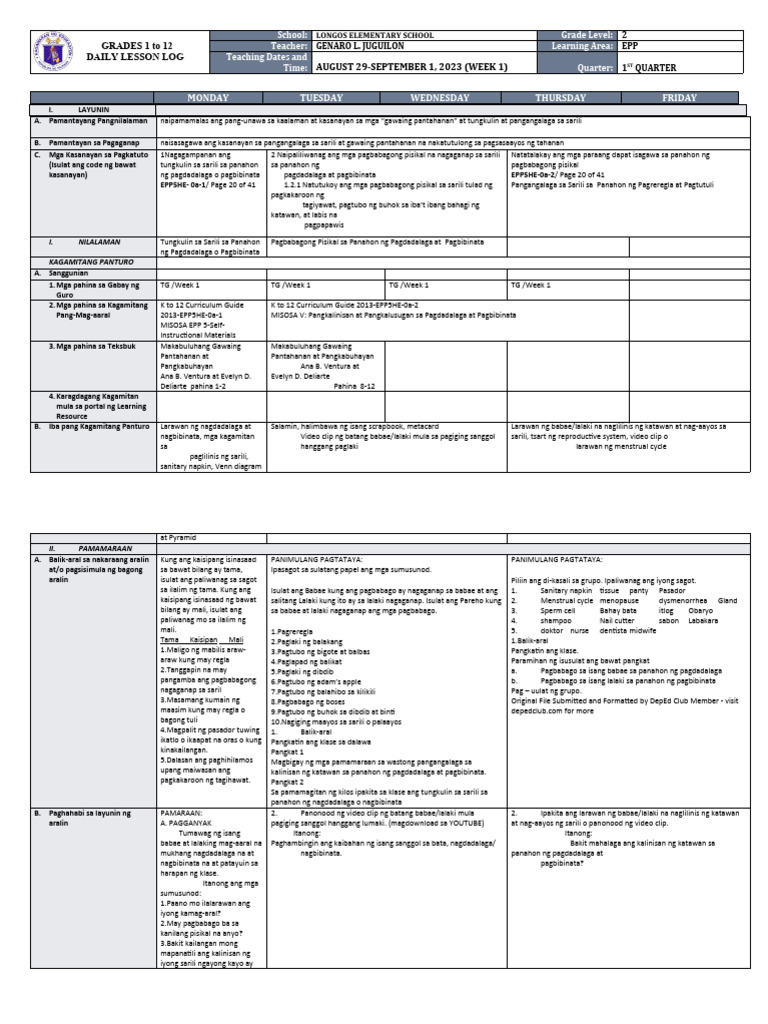 DLL - Epp 5 - Q1 - W1 | PDF