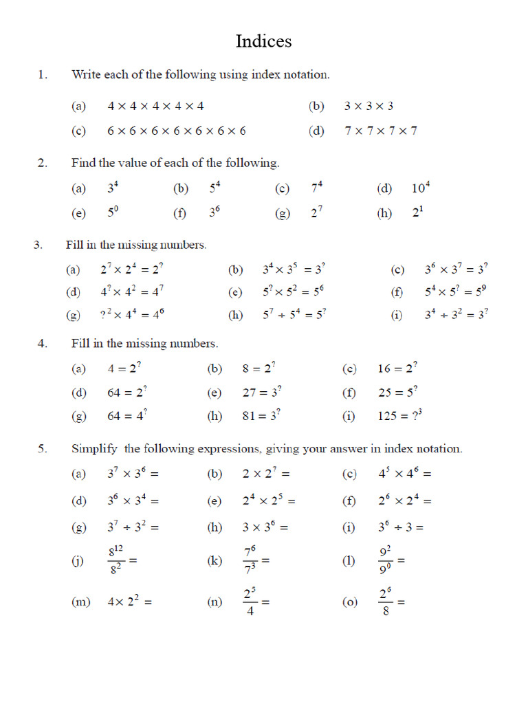 Indices Questions Differentiated Grade 8 | PDF