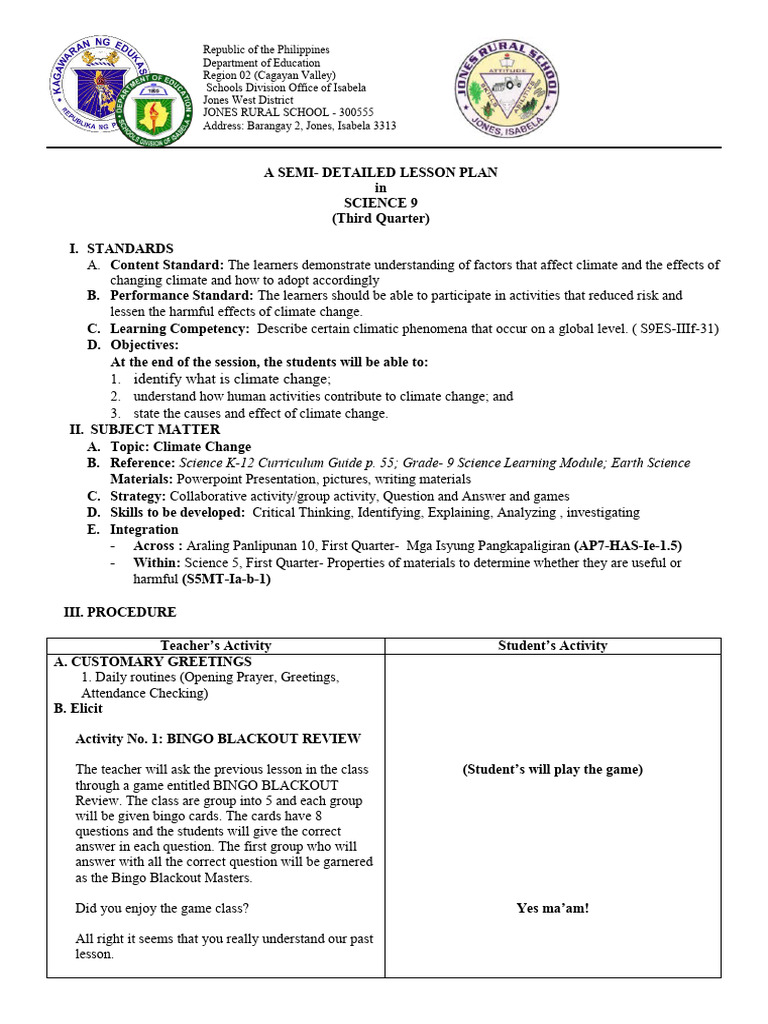Grade 9 Climate Change Lesson Plan | PDF | Learning | Lesson Plan