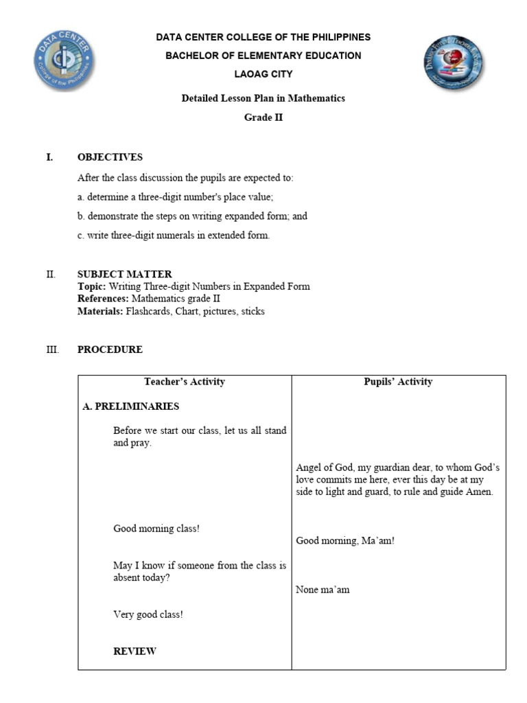 Detailed Lesson Plan in Mathematics Grade II - 080724 1 | PDF | Lesson ...