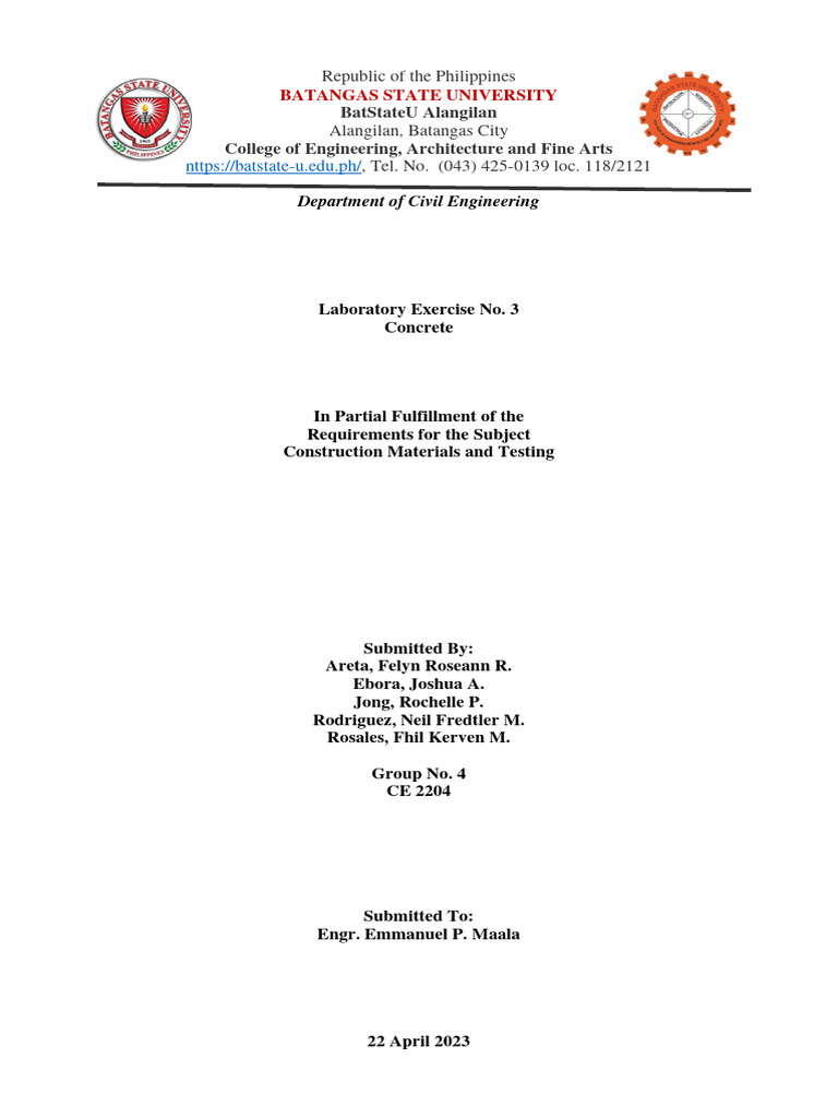 2.0G8 - Laboratory Exercise - No. 3.B Concrete Mix Proportioning | PDF ...