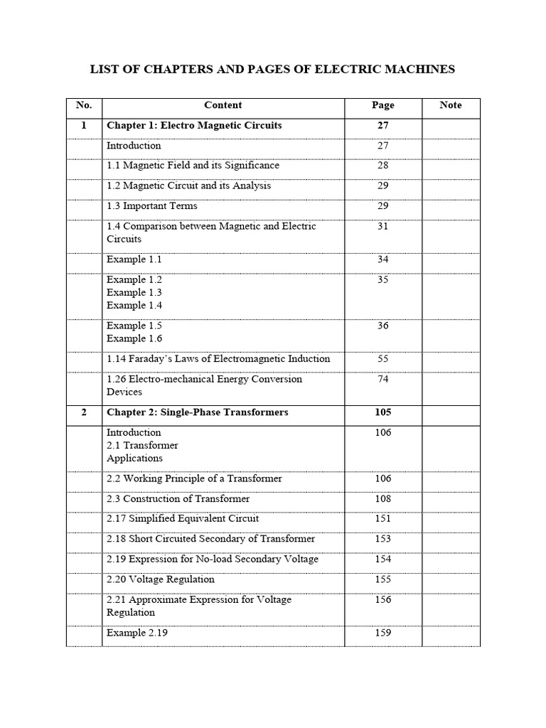 List of Chapters and Pages of Electric Machines PDF Electric Motor