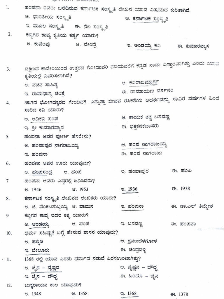 Samskrutika Kannada Questions PDF